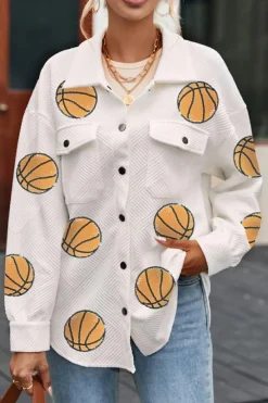 Discount Dear-Lover Sequin Basketball Graphic Textured Snap Button Shacket Beige