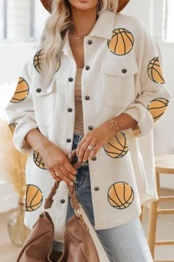 Discount Dear-Lover Sequin Basketball Graphic Textured Snap Button Shacket Beige