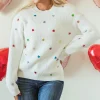 Discount Dear-Lover Sequin Heart Shape Waffle Knit Round Neck Sweater Beige