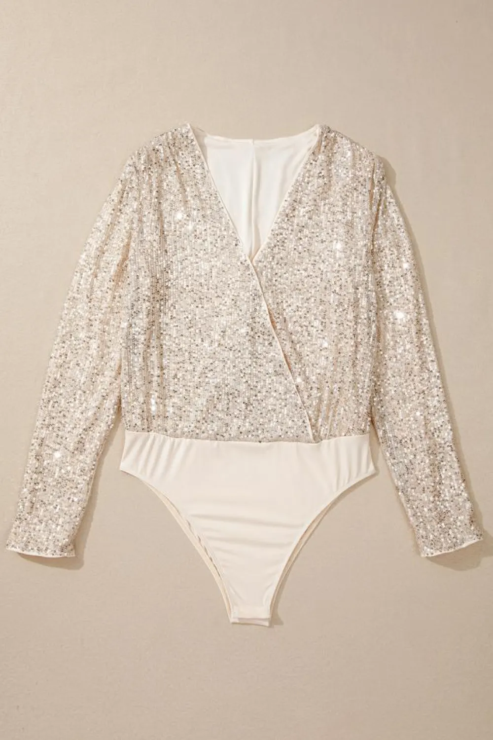 Clearance Dear-Lover Sequin Long Sleeve Wrap V Neck Bodysuit Beige