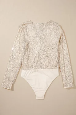 Clearance Dear-Lover Sequin Long Sleeve Wrap V Neck Bodysuit Beige