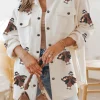 Clearance Dear-Lover Sequin Turkey Patched Graphic Flap Pocket Textured Shacket Beige