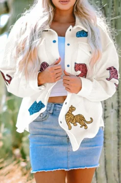 Fashion Dear-Lover Sequined Tigers Textured Shacket Beige