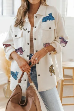 Fashion Dear-Lover Sequined Tigers Textured Shacket Beige