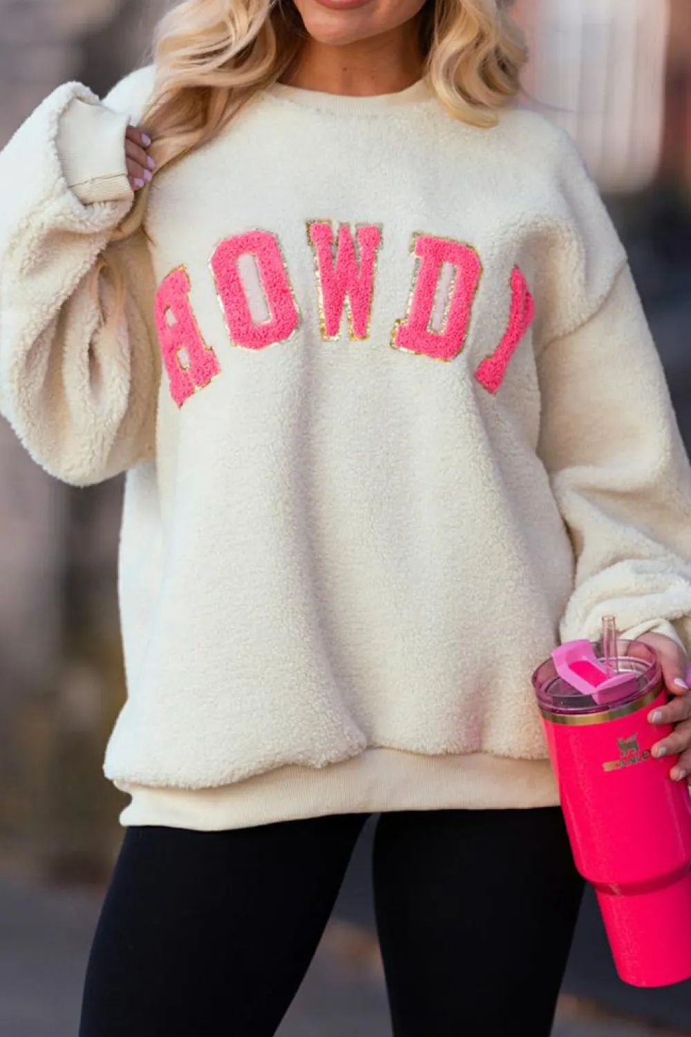Best Dear-Lover Sherpa HOWDY Patched Pullover Sweatshirt Beige