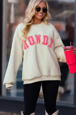 Best Dear-Lover Sherpa HOWDY Patched Pullover Sweatshirt Beige