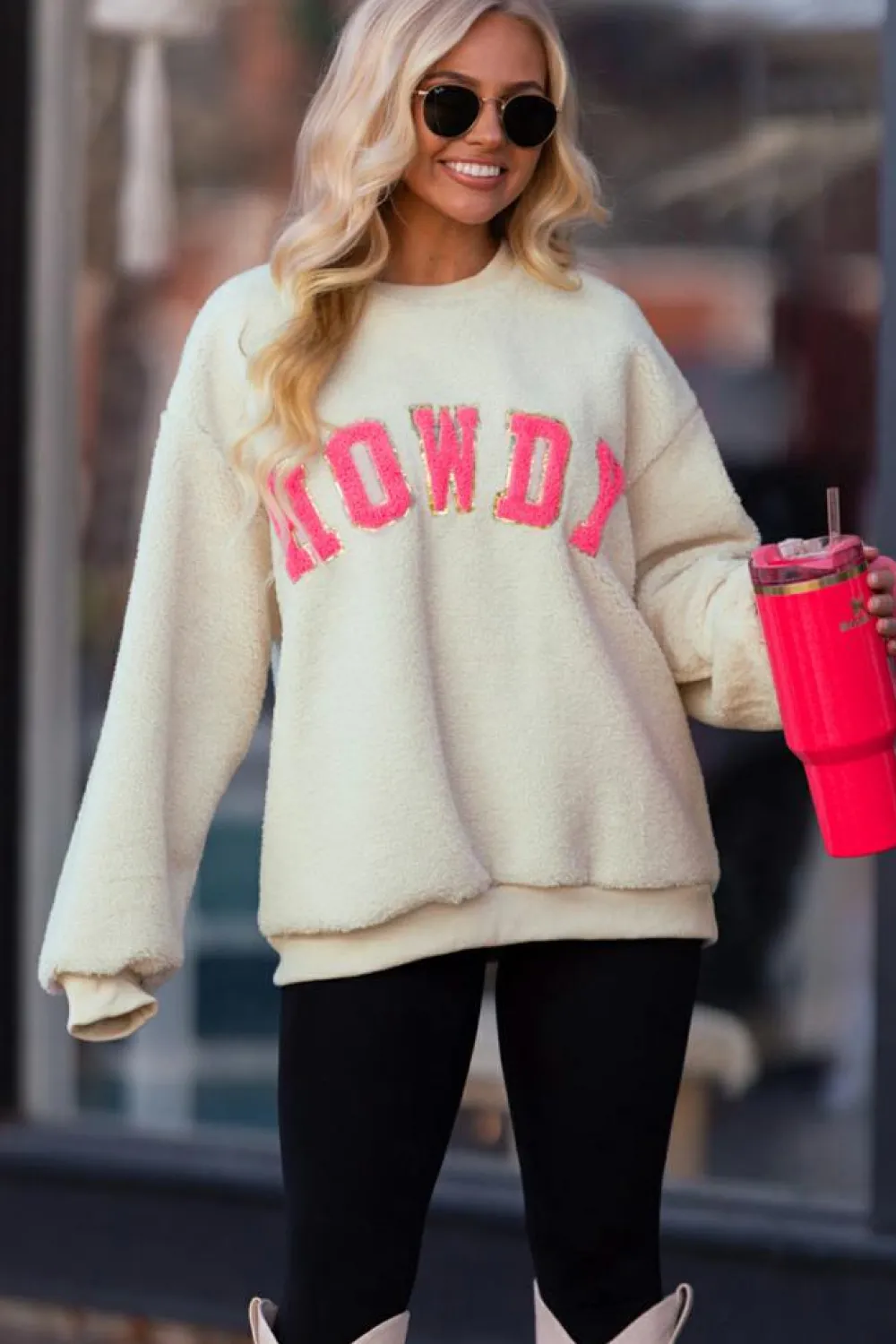 Best Dear-Lover Sherpa HOWDY Patched Pullover Sweatshirt Beige