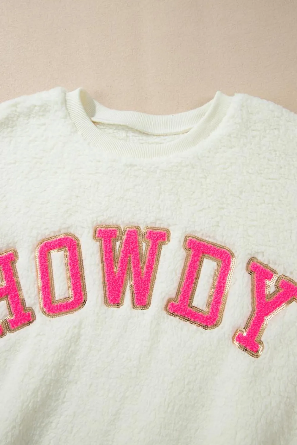 Best Dear-Lover Sherpa HOWDY Patched Pullover Sweatshirt Beige