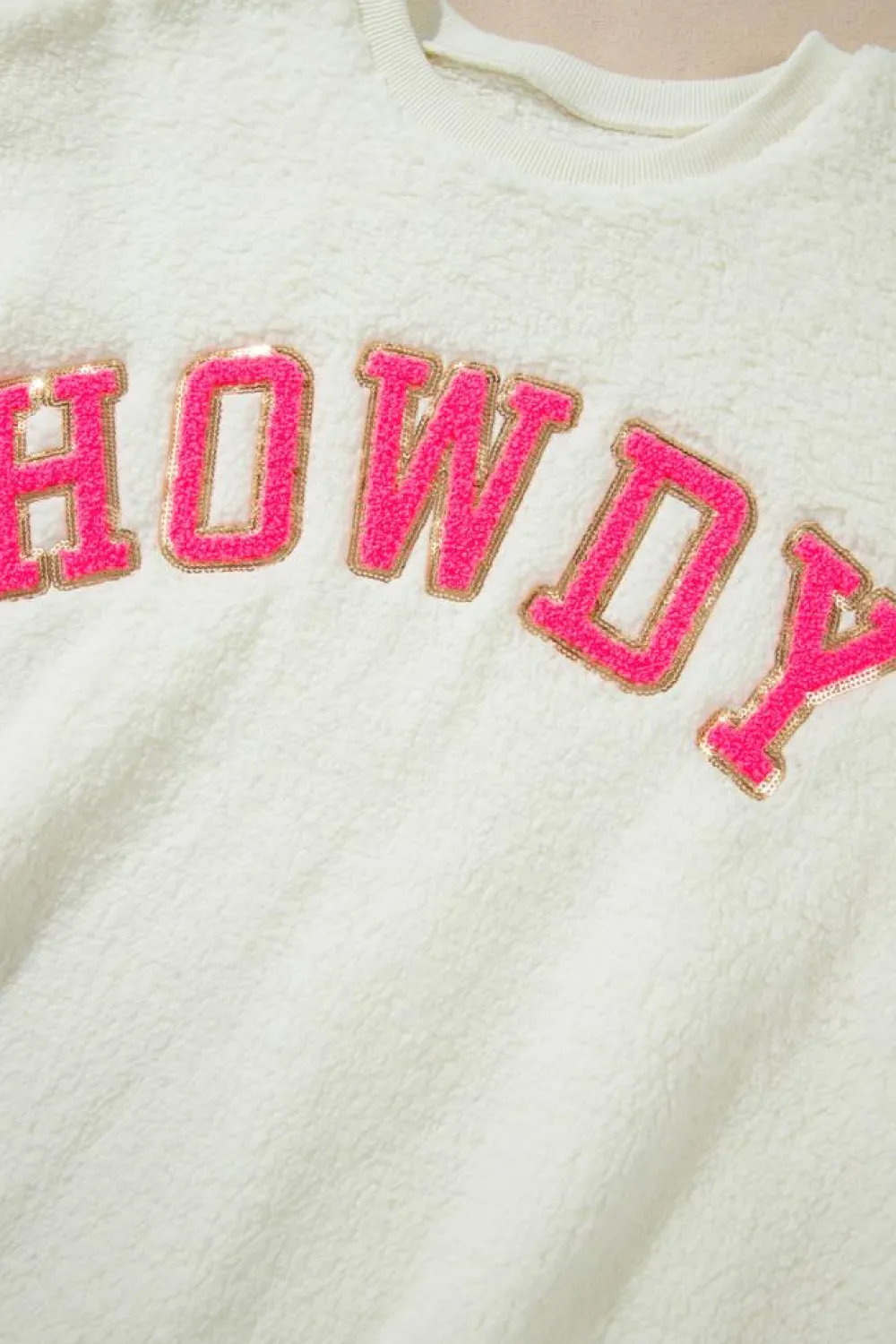 Best Dear-Lover Sherpa HOWDY Patched Pullover Sweatshirt Beige