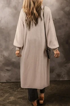 Hot Dear-Lover Side Pockets Open Front Long Knitted Cardigan Beige