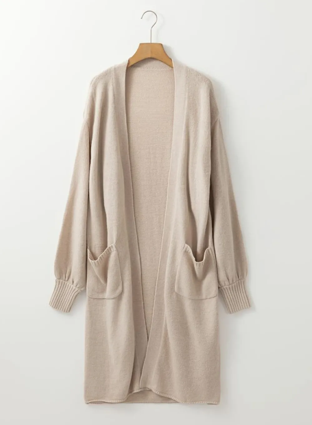 Hot Dear-Lover Side Pockets Open Front Long Knitted Cardigan Beige
