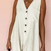 Outlet Dear-Lover Sleeveless V Neck Buttoned Front Chest Pocket Romper Beige