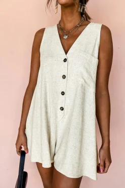 Outlet Dear-Lover Sleeveless V Neck Buttoned Front Chest Pocket Romper Beige