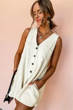 Outlet Dear-Lover Sleeveless V Neck Buttoned Front Chest Pocket Romper Beige