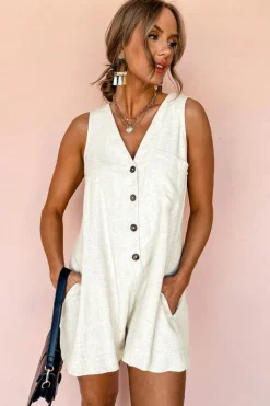 Outlet Dear-Lover Sleeveless V Neck Buttoned Front Chest Pocket Romper Beige