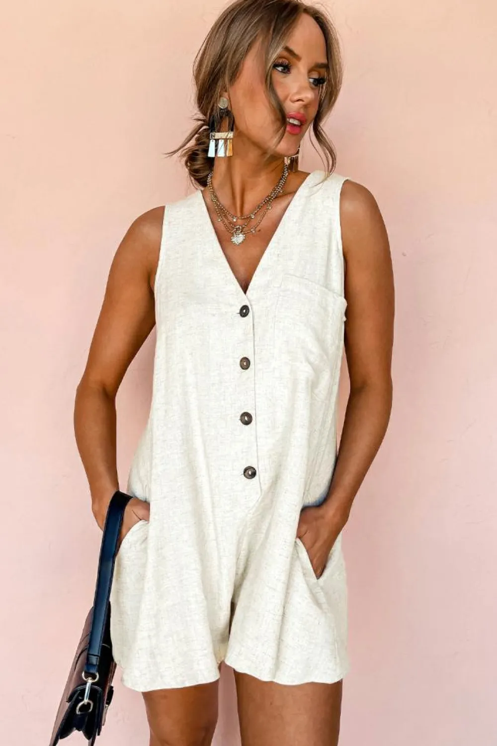 Outlet Dear-Lover Sleeveless V Neck Buttoned Front Chest Pocket Romper Beige