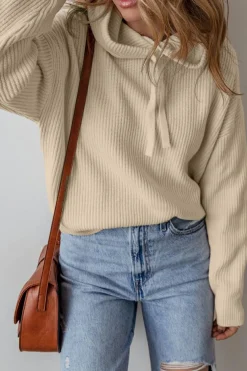 New Dear-Lover Solid Color Drawstring Hooded Drop Shoulder Pullover Sweater Beige
