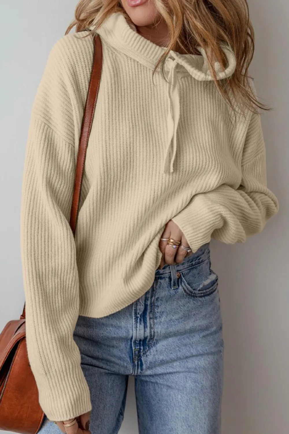 New Dear-Lover Solid Color Drawstring Hooded Drop Shoulder Pullover Sweater Beige