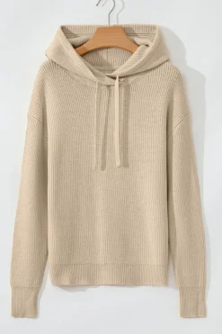 New Dear-Lover Solid Color Drawstring Hooded Drop Shoulder Pullover Sweater Beige