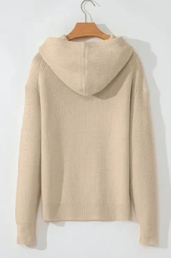 New Dear-Lover Solid Color Drawstring Hooded Drop Shoulder Pullover Sweater Beige