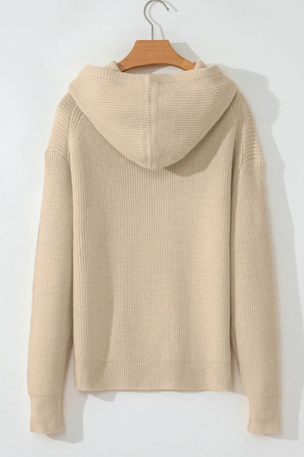 New Dear-Lover Solid Color Drawstring Hooded Drop Shoulder Pullover Sweater Beige