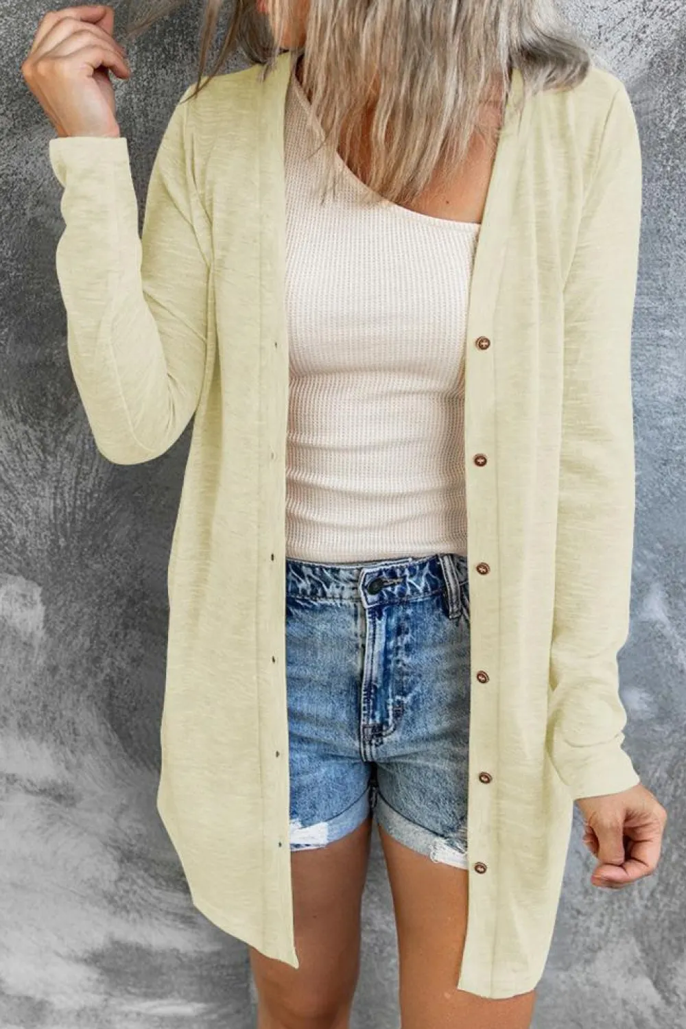 Best Dear-Lover Solid Color Open-Front Buttons Cardigan Beige