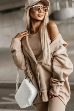 Hot Dear-Lover Solid Color Pocketed Button Up Loose Hoodie Beige