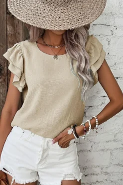 Clearance Dear-Lover Solid Color Ruffled Short Sleeve Casual Blouse Beige