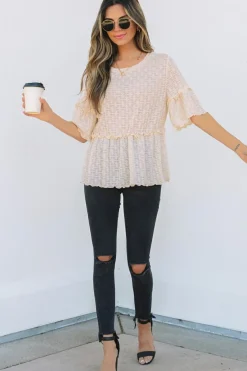 Clearance Dear-Lover Solid Color Textured Ruffled Short Sleeve Blouse Beige