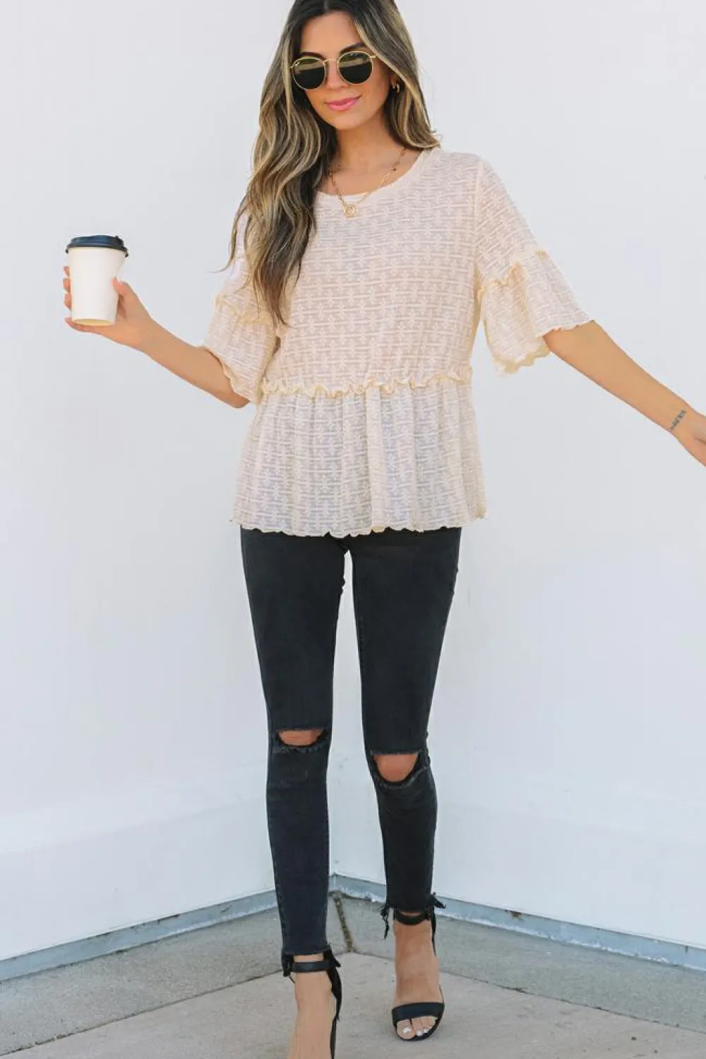 Clearance Dear-Lover Solid Color Textured Ruffled Short Sleeve Blouse Beige