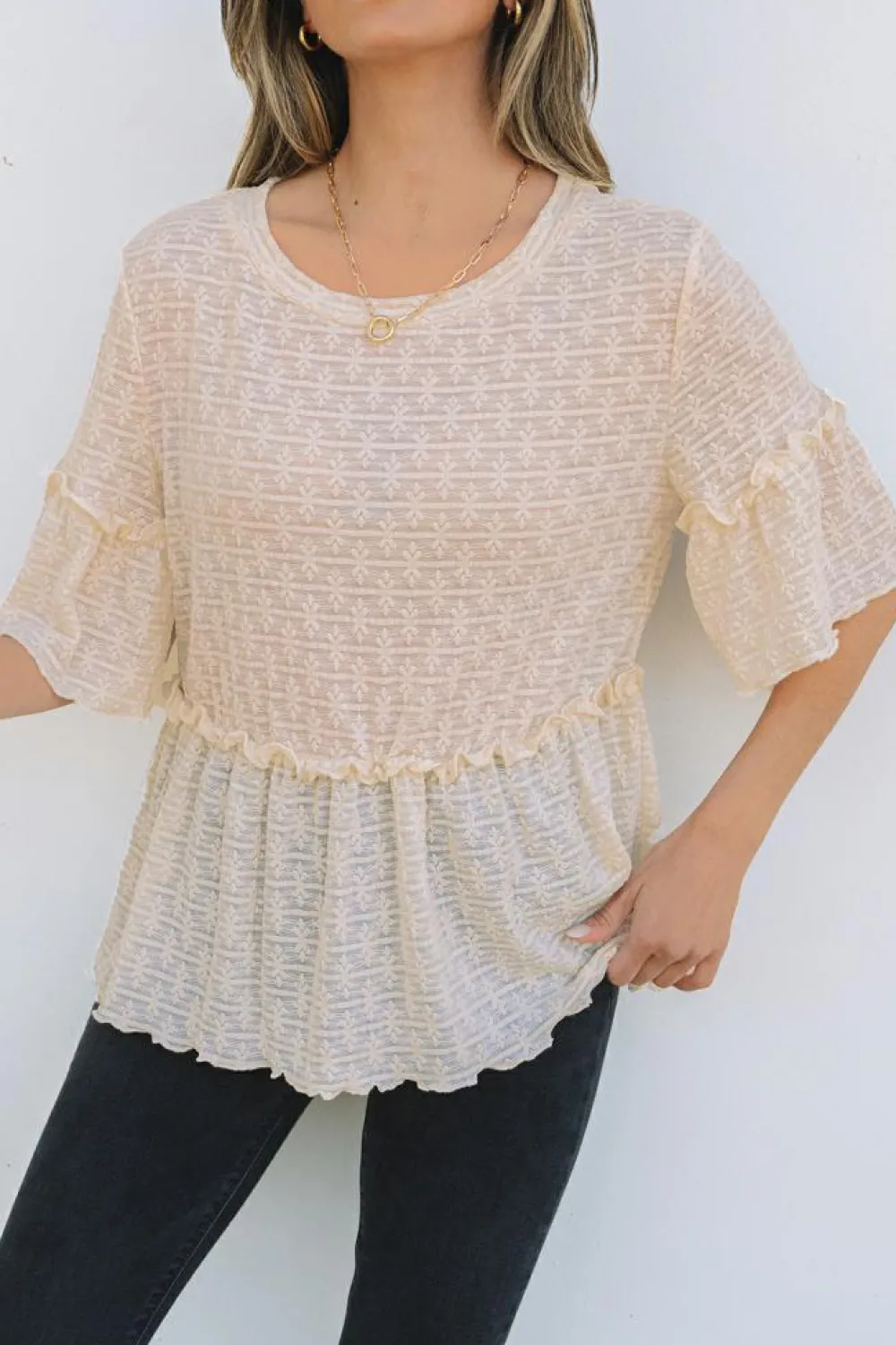 Clearance Dear-Lover Solid Color Textured Ruffled Short Sleeve Blouse Beige