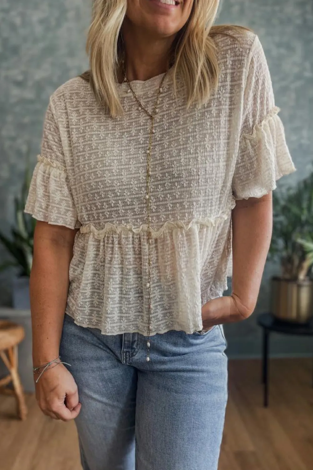Clearance Dear-Lover Solid Color Textured Ruffled Short Sleeve Blouse Beige