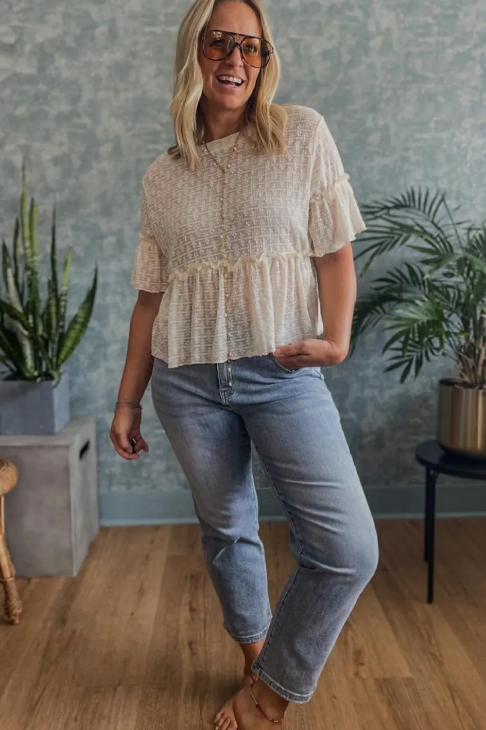 Clearance Dear-Lover Solid Color Textured Ruffled Short Sleeve Blouse Beige