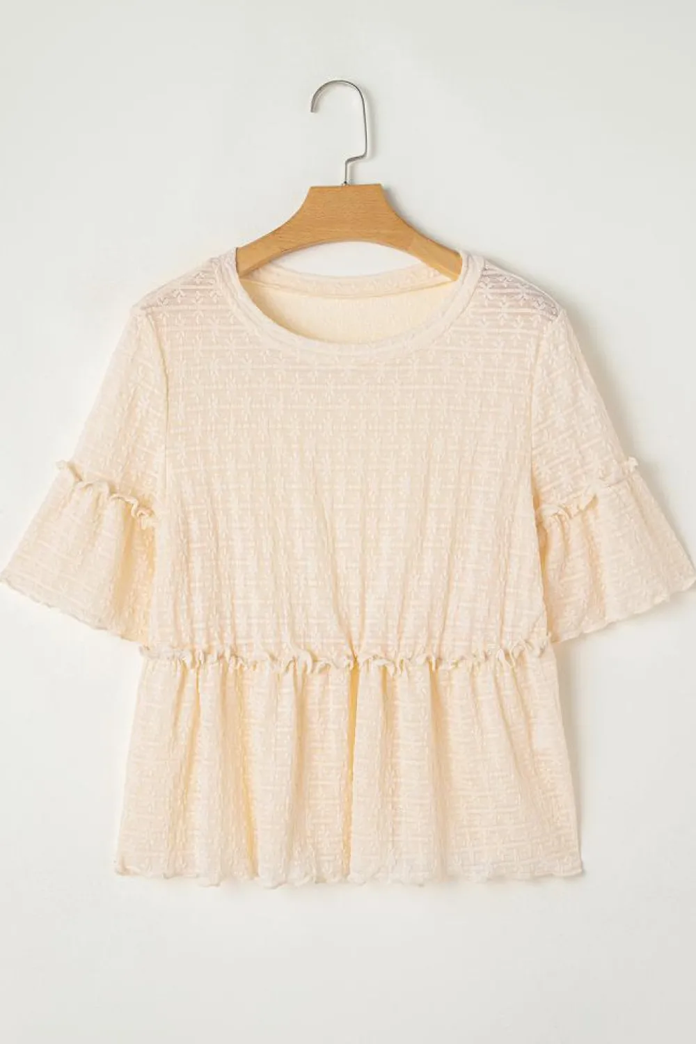Clearance Dear-Lover Solid Color Textured Ruffled Short Sleeve Blouse Beige