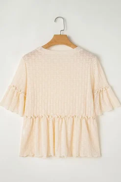 Clearance Dear-Lover Solid Color Textured Ruffled Short Sleeve Blouse Beige