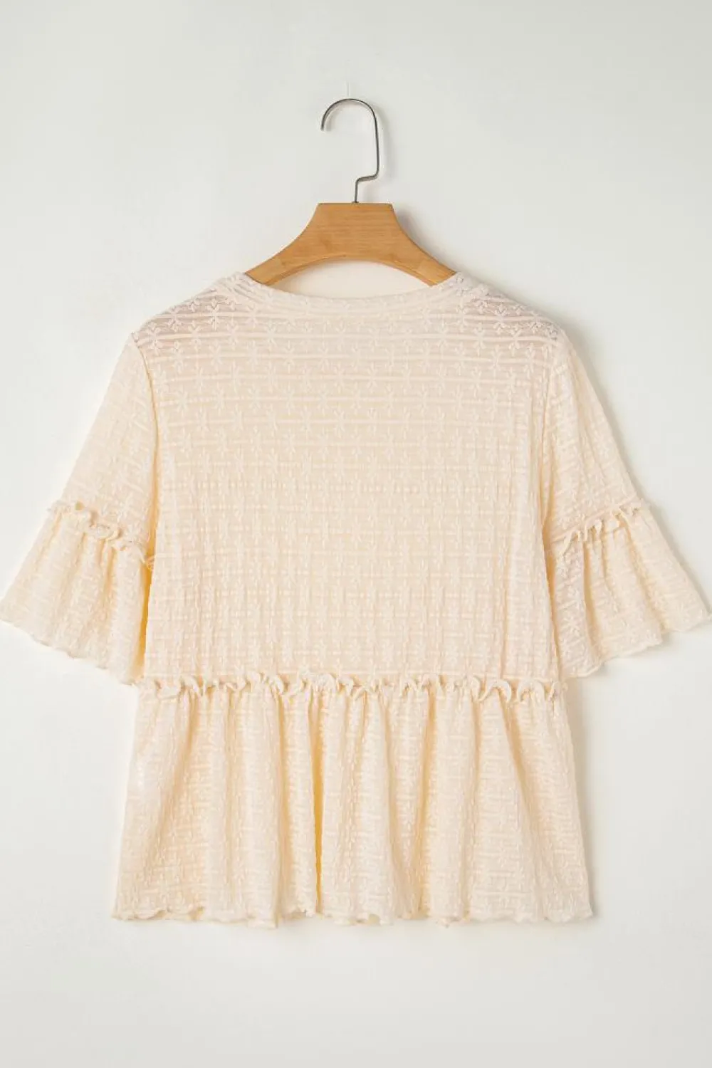 Clearance Dear-Lover Solid Color Textured Ruffled Short Sleeve Blouse Beige