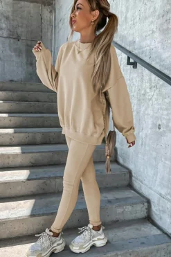 Best Dear-Lover Solid Sweatshirt and Leggings Two Piece Set Beige