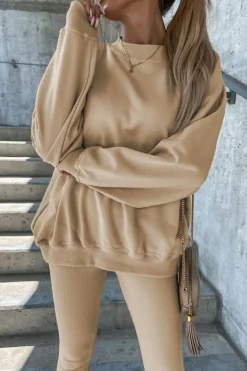 Best Dear-Lover Solid Sweatshirt and Leggings Two Piece Set Beige