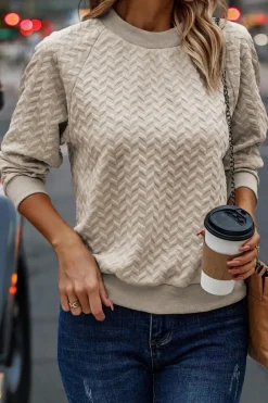 Sale Dear-Lover Solid Textured Raglan Sleeve Pullover Sweatshirt Beige