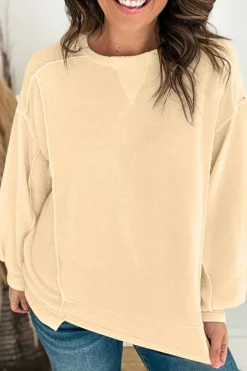 Outlet Dear-Lover Splicing Round Neck Pullover Sweatshirt Beige