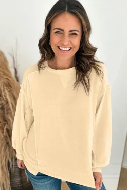 Outlet Dear-Lover Splicing Round Neck Pullover Sweatshirt Beige