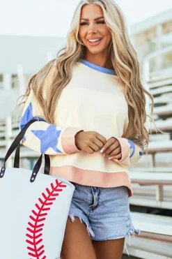 Discount Dear-Lover Star Patchwork Exposed Seam Oversized Sweatshirt Beige