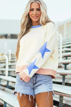 Discount Dear-Lover Star Patchwork Exposed Seam Oversized Sweatshirt Beige