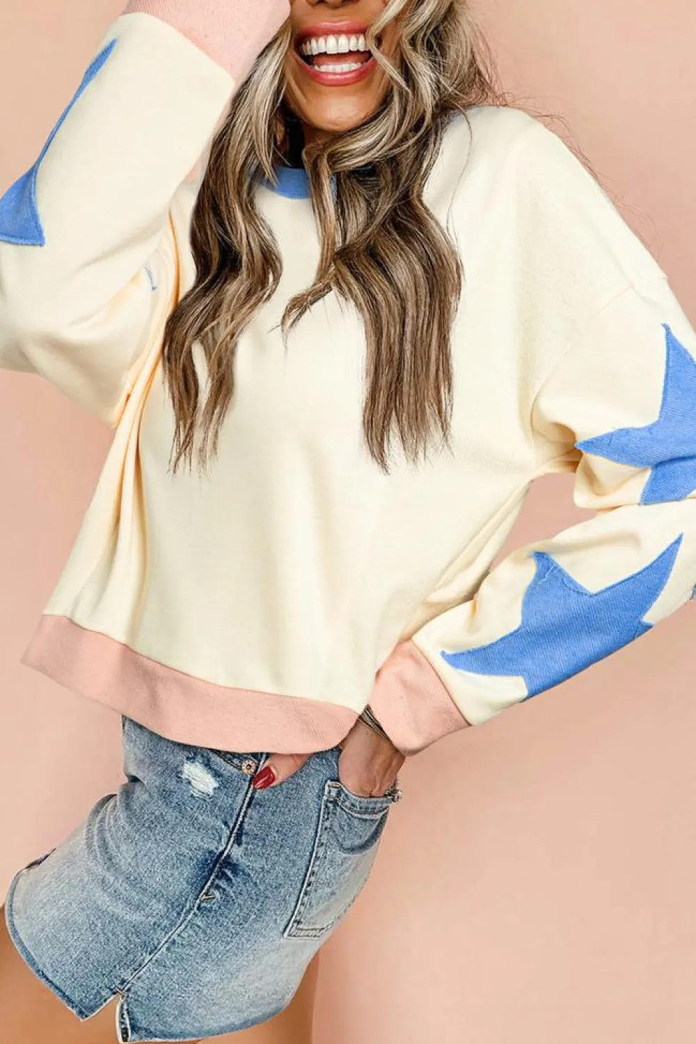 Discount Dear-Lover Star Patchwork Exposed Seam Oversized Sweatshirt Beige