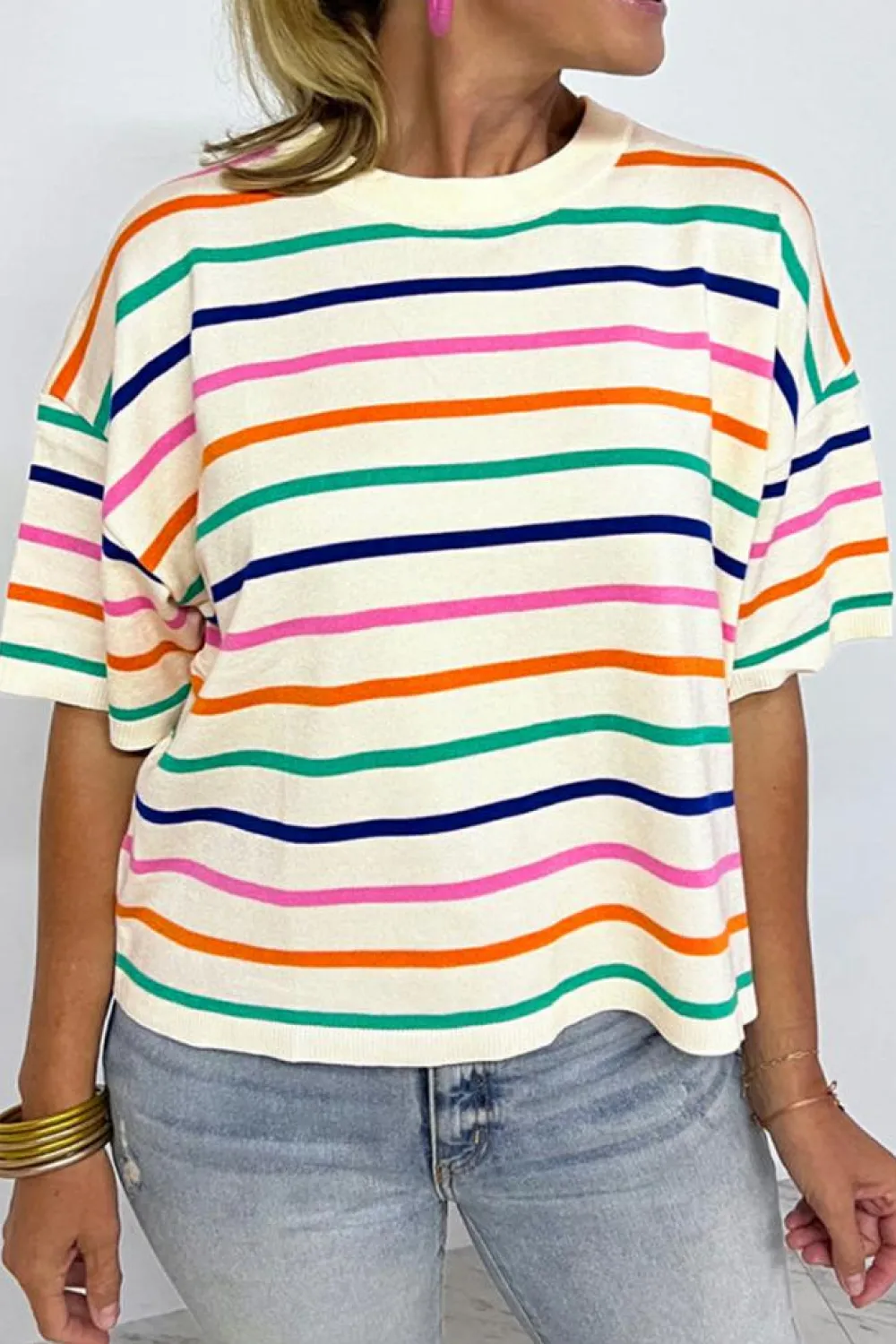 Discount Dear-Lover Dropped Short Sleeve Boxy Fit Knitted Top Beige Stripe