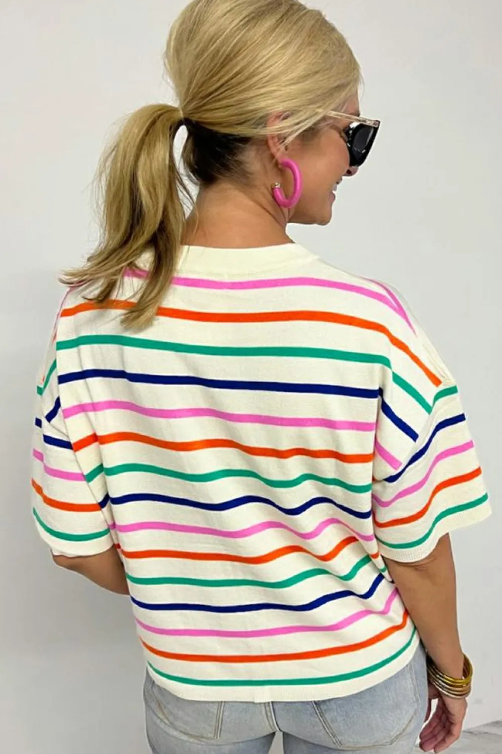 Discount Dear-Lover Dropped Short Sleeve Boxy Fit Knitted Top Beige Stripe