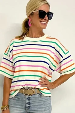 Discount Dear-Lover Dropped Short Sleeve Boxy Fit Knitted Top Beige Stripe