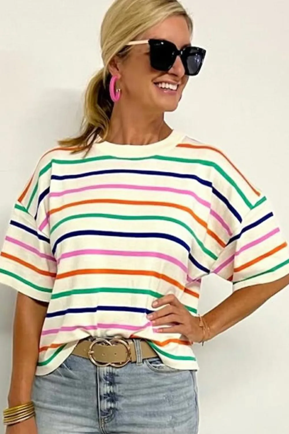 Discount Dear-Lover Dropped Short Sleeve Boxy Fit Knitted Top Beige Stripe