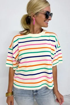Discount Dear-Lover Dropped Short Sleeve Boxy Fit Knitted Top Beige Stripe