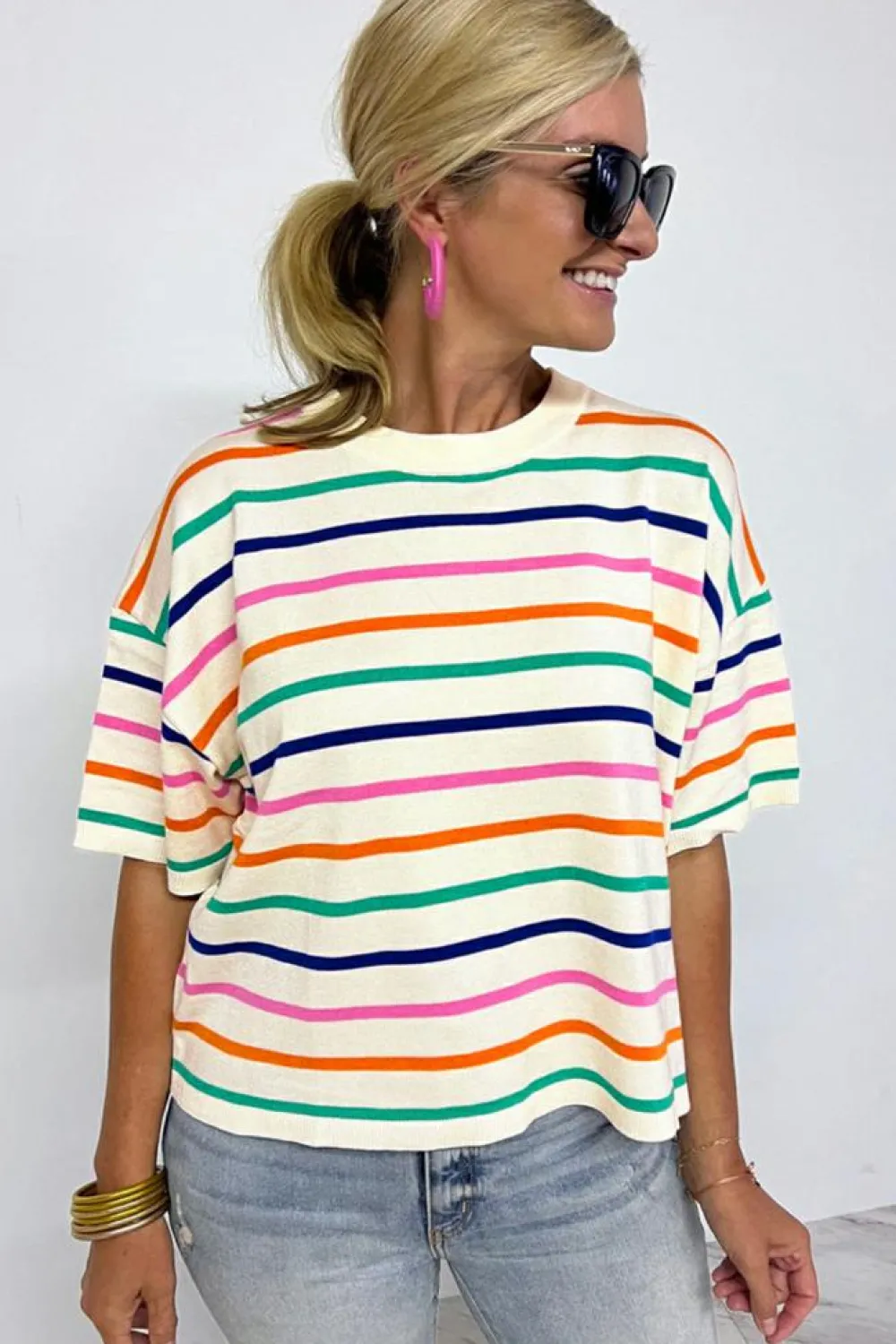 Discount Dear-Lover Dropped Short Sleeve Boxy Fit Knitted Top Beige Stripe